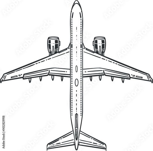 Top view illustration of a commercial airplane jet showing wings, engines, and tail for aviation and travel concepts