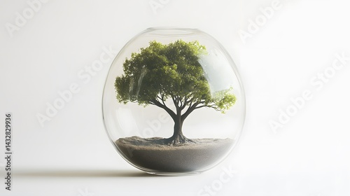 Green oak tree in a glass jar, on a white background