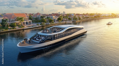 Luxurious river cruise ship, passing through a residential waterfront community at sunset.  Spacious open-air deck, filled with passengers enjoying the view