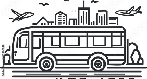 Black and white line art illustration of a bus with city skyline and airplanes flying above