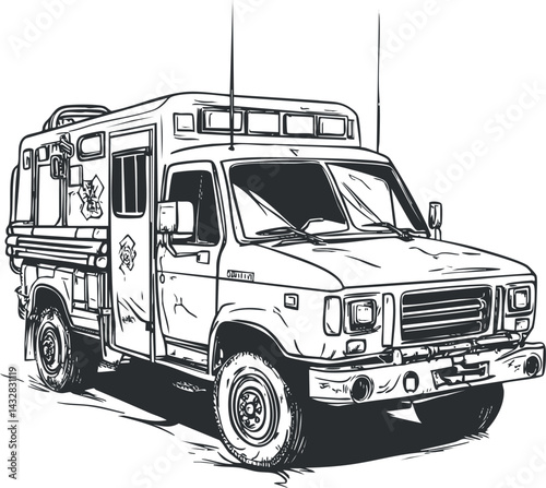 Black and white line art illustration of an ambulance emergency vehicle used for medical rescue and transportation.