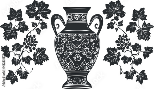 Black and white illustration of an ancient decorative vase with floral and grapevine patterns
