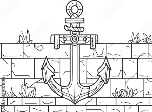 Black and white outline illustration of a nautical anchor mounted on a stone wall with plants growing nearby