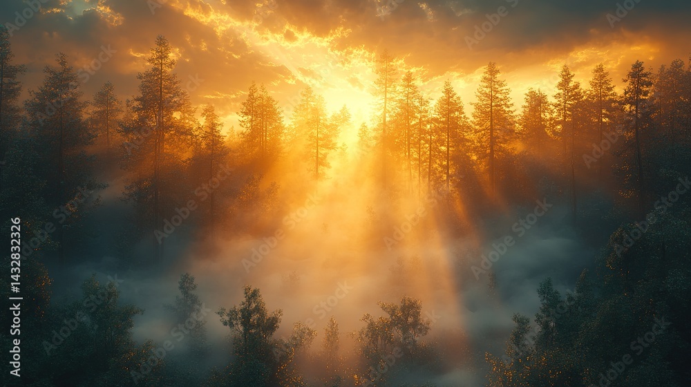 Fototapeta premium Golden Hour Radiance: Sunbeams Pierce Through Misty Forest Canop