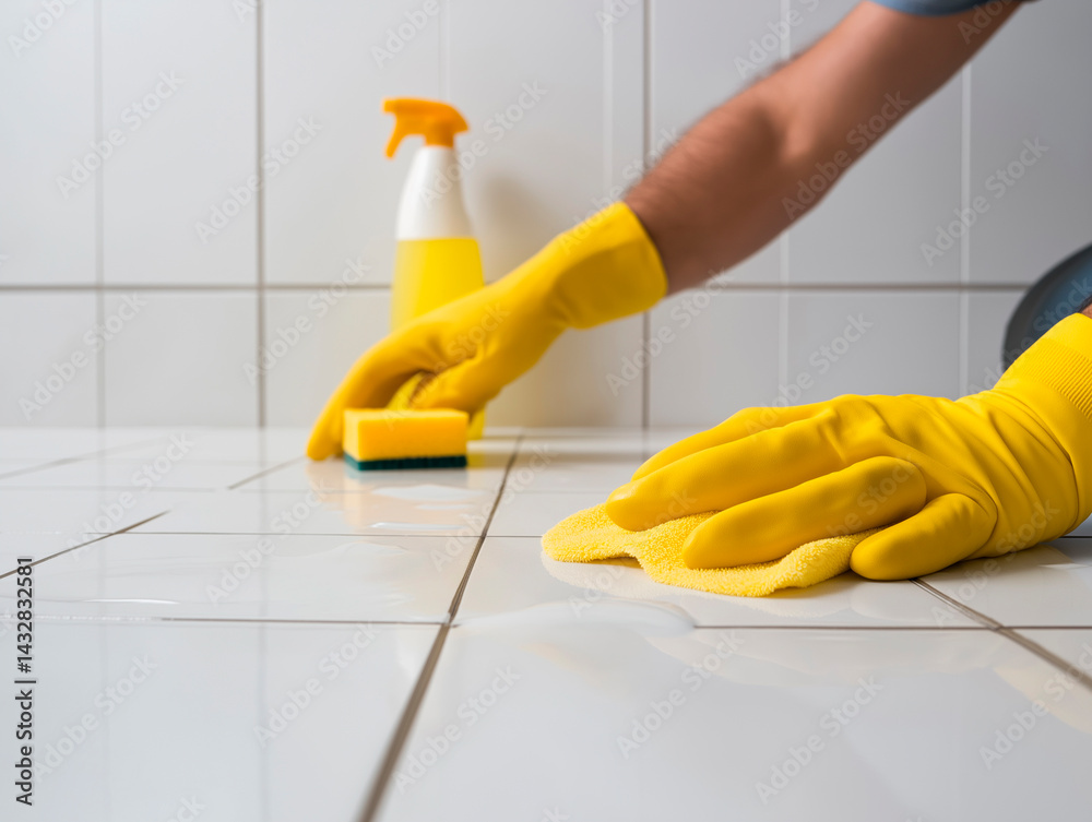 Close-up of hands wearing bright yellow rubber gloves cleaning white tiled surfaces with a yellow sponge and a spray bottle, emphasizing hygiene and thorough cleaning.
