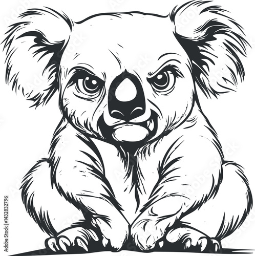 Black and white illustration of a cute koala sitting with detailed fur and facial features