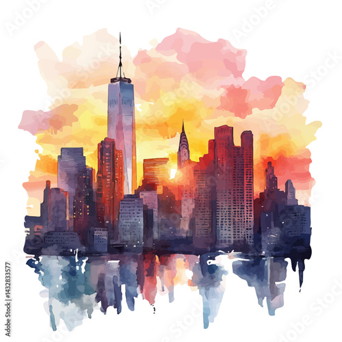 City Skyline During Sunset, watercolor vector, isolated on a white background.