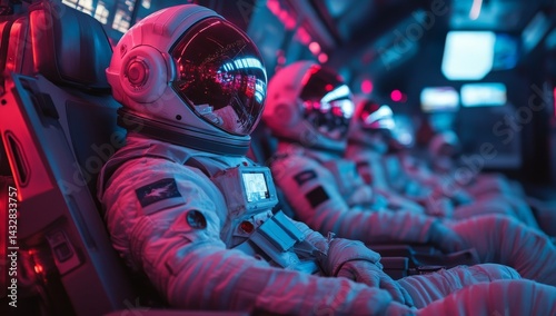 Astronauts in futuristic spacesuits sit in a brightly lit spacecraft cabin, bathed in pink and blue neon light.