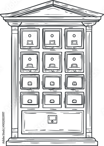 Vintage wooden mailbox with multiple compartments for letters and parcels, black and white illustration