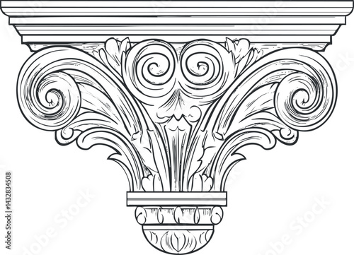 Detailed black and white illustration of a Corinthian column capital with classical acanthus leaf ornamentation