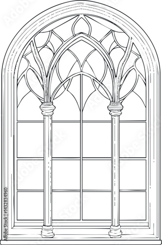 Detailed black and white line drawing of a gothic arched window with decorative stone columns and glass panes