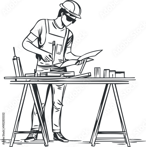 Black and white illustration of a construction worker in hardhat examining blueprints at a workbench with tools