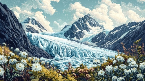 Mountain landscape with glacier flowing down snow-capped peaks and wildflowers in foreground.