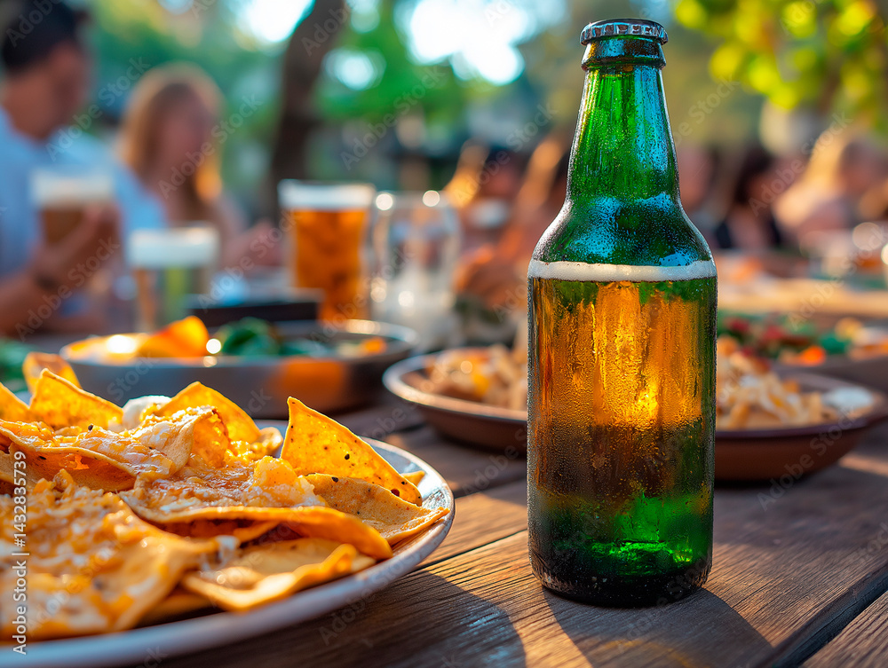 A close-up of a green glass beer bottle and a plate of cheesy nachos on a rustic wooden table, with blurred figures and other food dishes suggesting a casual outdoor gathering.