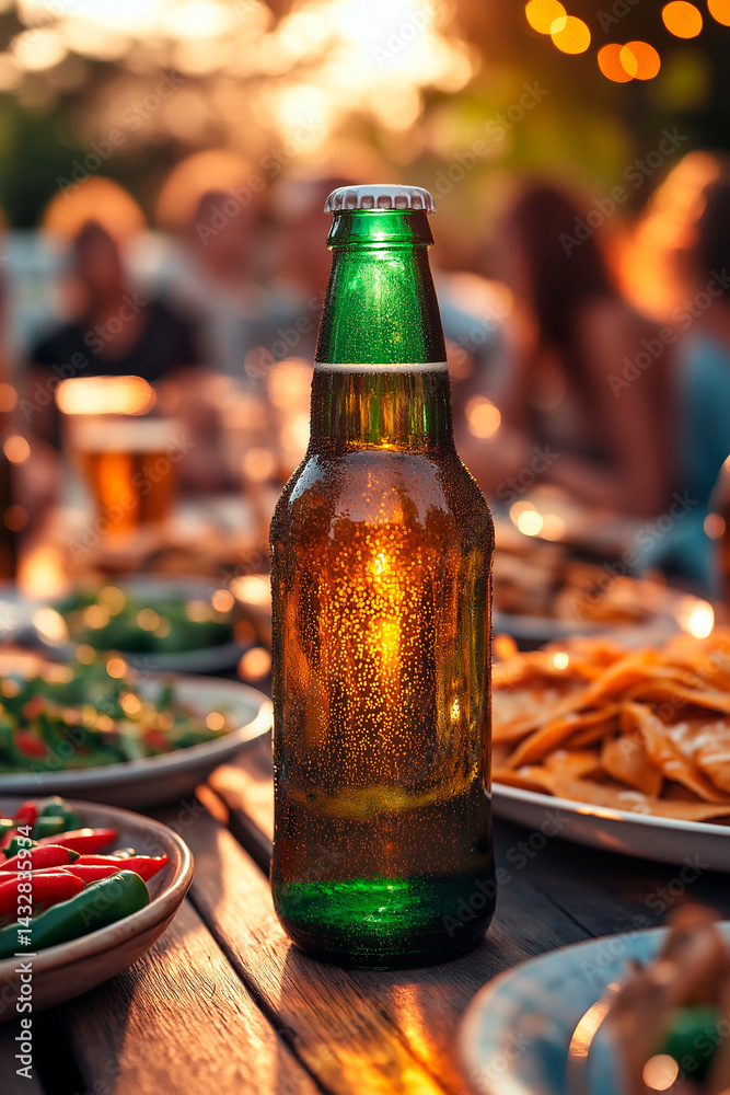 A close-up of a green glass beer bottle and a plate of cheesy nachos on a rustic wooden table, with blurred figures and other food dishes suggesting a casual outdoor gathering.