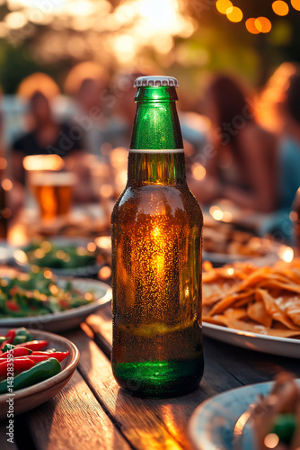 Obraz na płótnie A close-up of a green glass beer bottle and a plate of cheesy nachos on a rustic wooden table, with blurred figures and other food dishes suggesting a casual outdoor gathering. w salonie