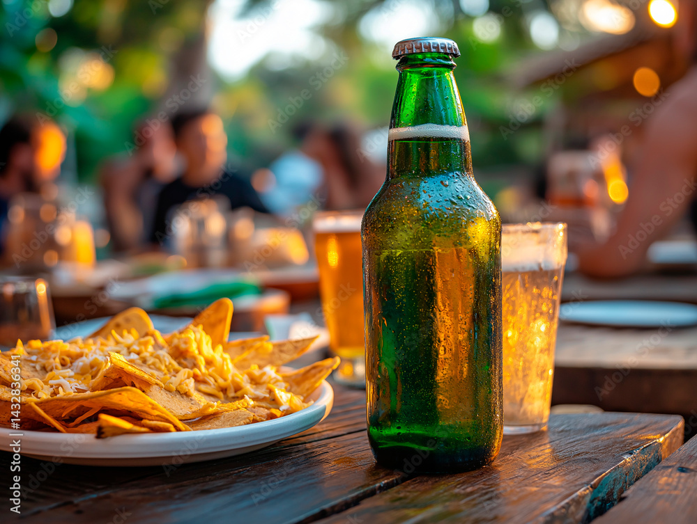 A close-up of a green glass beer bottle and a plate of cheesy nachos on a rustic wooden table, with blurred figures and other food dishes suggesting a casual outdoor gathering.