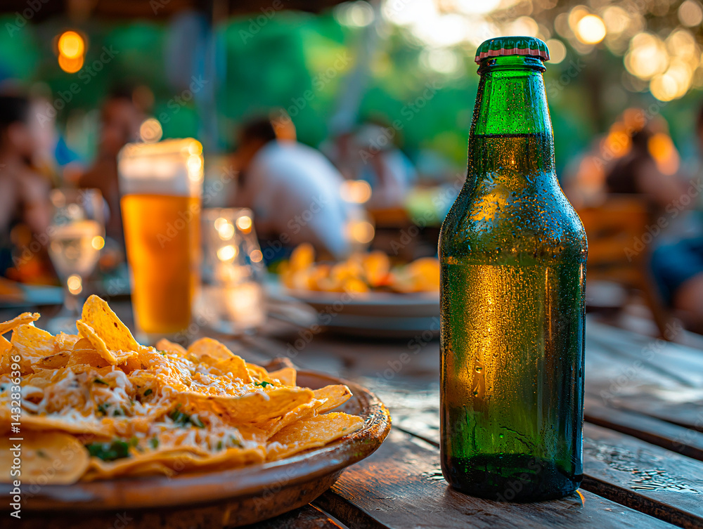 A close-up of a green glass beer bottle and a plate of cheesy nachos on a rustic wooden table, with blurred figures and other food dishes suggesting a casual outdoor gathering.
