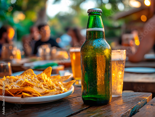 Obraz na płótnie A close-up of a green glass beer bottle and a plate of cheesy nachos on a rustic wooden table, with blurred figures and other food dishes suggesting a casual outdoor gathering. w salonie