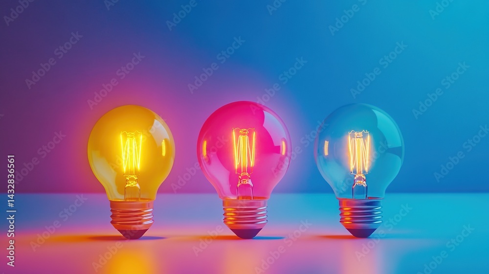 Three glowing light - bulbs with different colors, against a dark blue background. Three glowing light - bulbs with different colors, against a dark blue background.