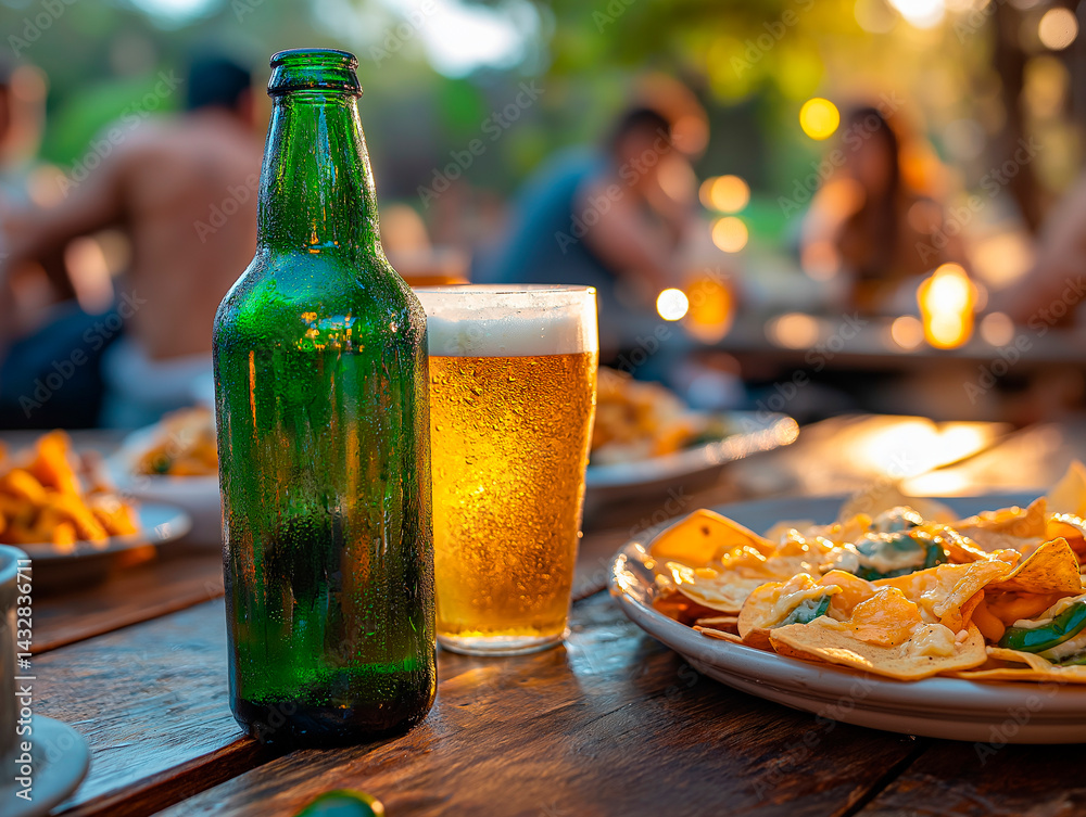 A close-up of a green glass beer bottle and a plate of cheesy nachos on a rustic wooden table, with blurred figures and other food dishes suggesting a casual outdoor gathering.