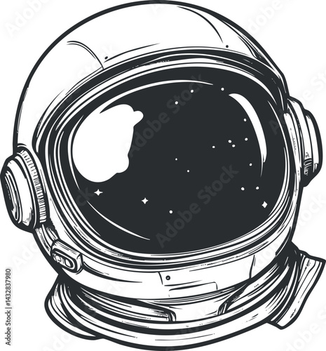 Black and white illustration of an astronaut helmet with stars reflected on the visor symbolizing space exploration and science.