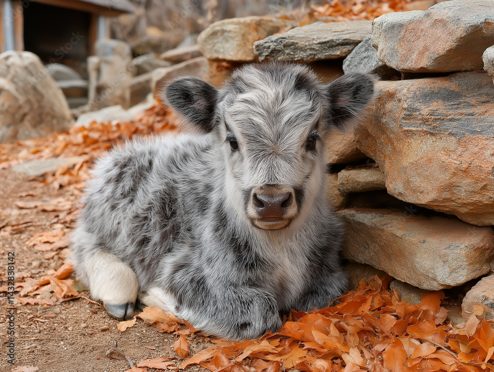 A close-up portrait of a fluffy, light gray and black miniature calf lying in dry grass, with a blurred background of a white fence and a building, showcasing the gentle nature of young livestock.