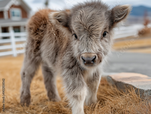 Obraz na płótnie A close-up portrait of a fluffy, light gray and black miniature calf lying in dry grass, with a blurred background of a white fence and a building, showcasing the gentle nature of young livestock.
w salonie