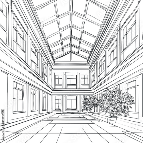 Detailed black and white architectural line drawing of a modern interior atrium with glass roof and potted plants