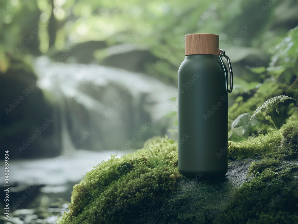 A reusable dark green water bottle with a wooden cap rests on moss-covered rocks near a blurred waterfall in a lush, natural environment, promoting sustainability and an active, eco-conscious lifestyl