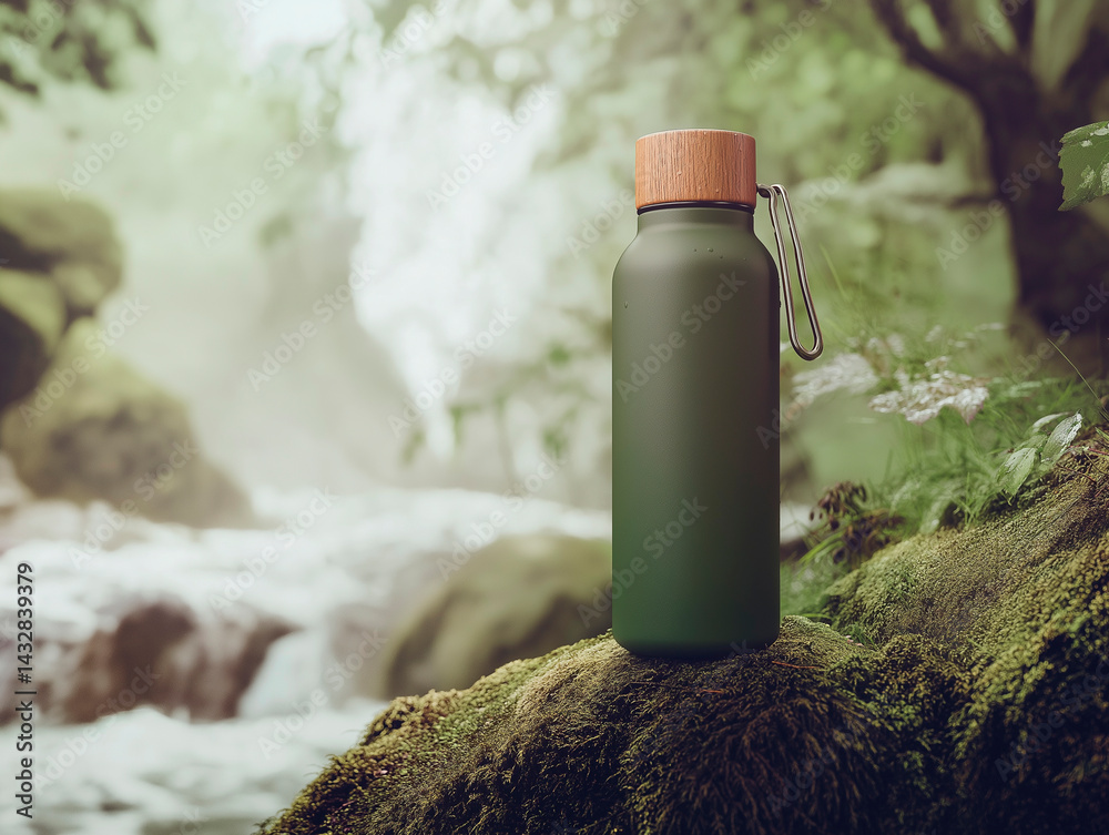 A reusable dark green water bottle with a wooden cap rests on moss-covered rocks near a blurred waterfall in a lush, natural environment, promoting sustainability and an active, eco-conscious lifestyl
