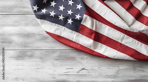 A folded American flag with stars and stripes on a white wooden background.