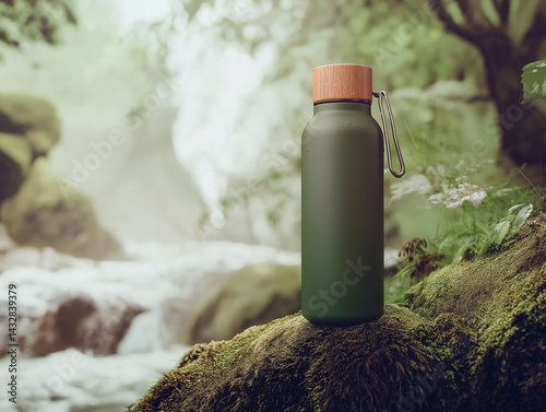 Obraz na płótnie A reusable dark green water bottle with a wooden cap rests on moss-covered rocks near a blurred waterfall in a lush, natural environment, promoting sustainability and an active, eco-conscious lifestyl w salonie