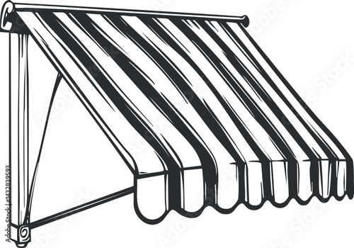 Black and white illustration of a striped fabric awning attached to a building for shade and protection