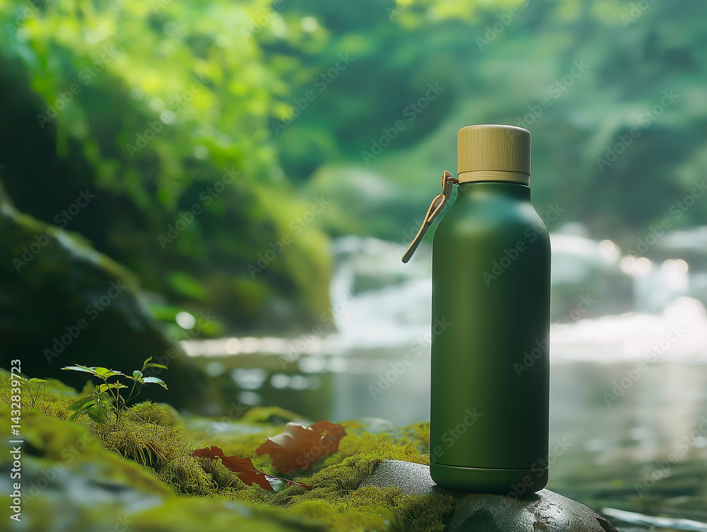 A reusable dark green water bottle with a wooden cap rests on moss-covered rocks near a blurred waterfall in a lush, natural environment, promoting sustainability and an active, eco-conscious lifestyl