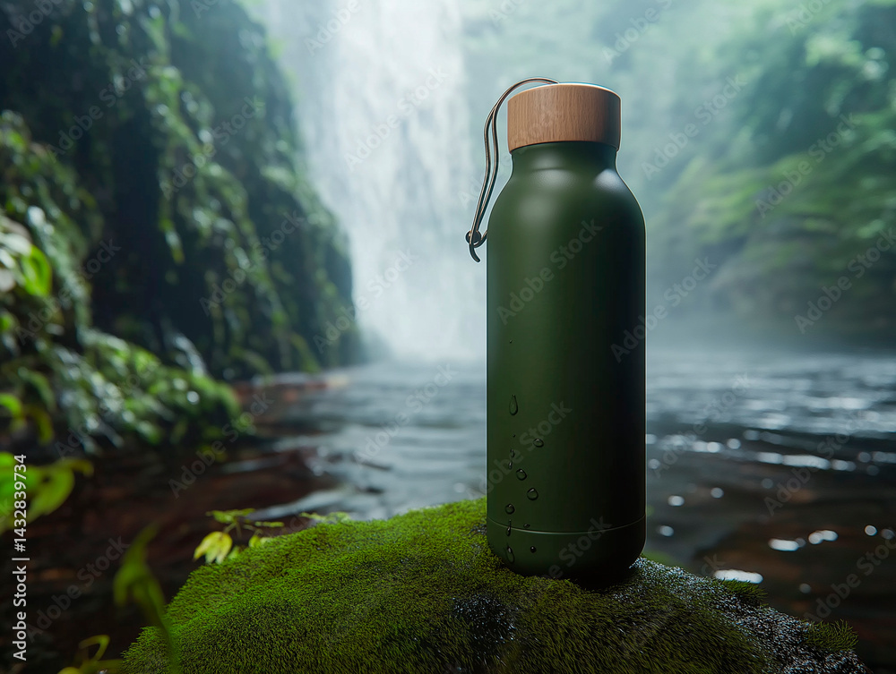 A reusable dark green water bottle with a wooden cap rests on moss-covered rocks near a blurred waterfall in a lush, natural environment, promoting sustainability and an active, eco-conscious lifestyl