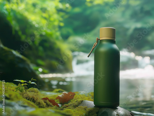 Obraz na płótnie A reusable dark green water bottle with a wooden cap rests on moss-covered rocks near a blurred waterfall in a lush, natural environment, promoting sustainability and an active, eco-conscious lifestyl w salonie