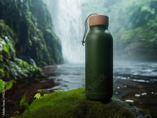 Obraz na płótnie A reusable dark green water bottle with a wooden cap rests on moss-covered rocks near a blurred waterfall in a lush, natural environment, promoting sustainability and an active, eco-conscious lifestyl w salonie