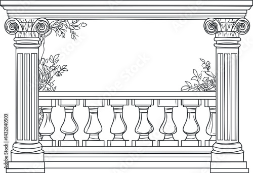Black and white line illustration of classical architectural columns and balustrade with decorative foliage background.