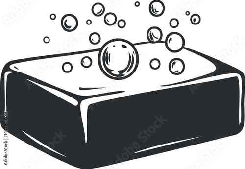 Black and white illustration of a soap bar with bubbles floating above, symbolizing cleanliness and hygiene