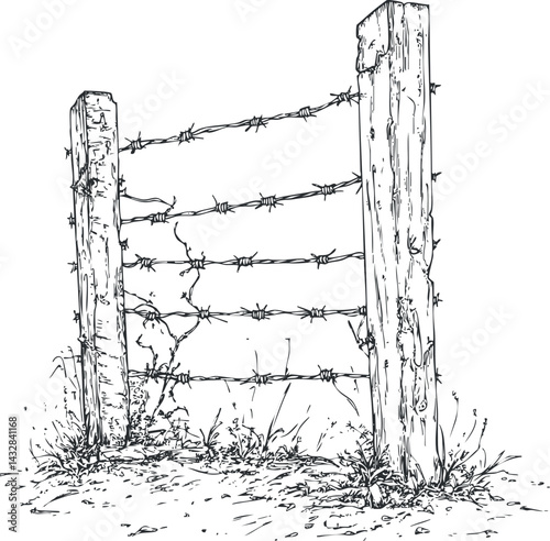 Black and white sketch of a rustic wooden barbed wire fence with posts and grass surrounding it