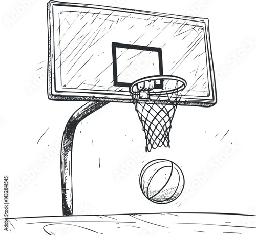 Black and white sketch of a basketball hoop with a basketball in mid-air about to score on the court.