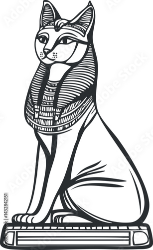 Black and white line drawing of an ancient Egyptian cat statue symbolizing culture and mythology
