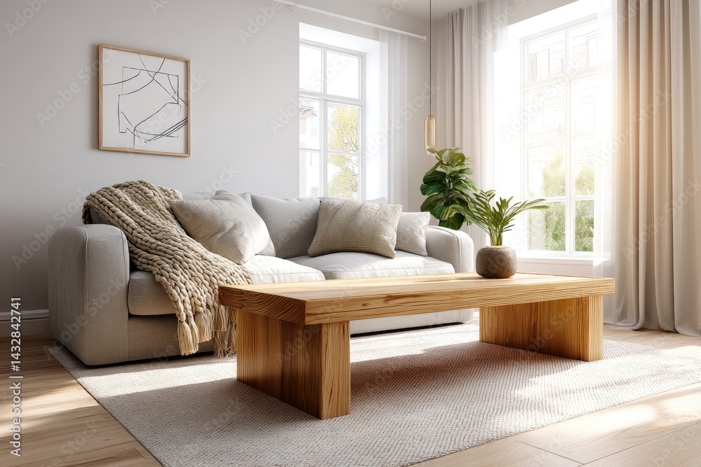 Fototapeta premium Modern light-filled living room featuring a light-colored sofa and wooden coffee table.