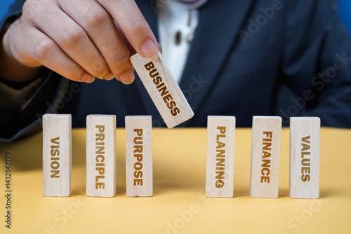 Wooden pieces with the word about business ideology concept