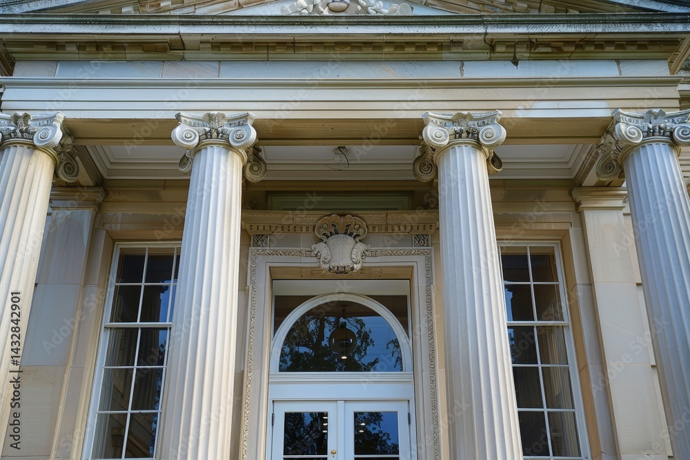 Obraz premium A close-up shot of a pedimented portico framing the main entrance of a stone building, A pedimented portico framing the main entrance