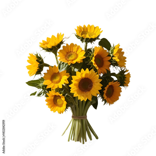 Radiant Sunflowers A vibrant bouquet of sunny blooms, tied with rustic charm. isolated on transparent background Generative AI.