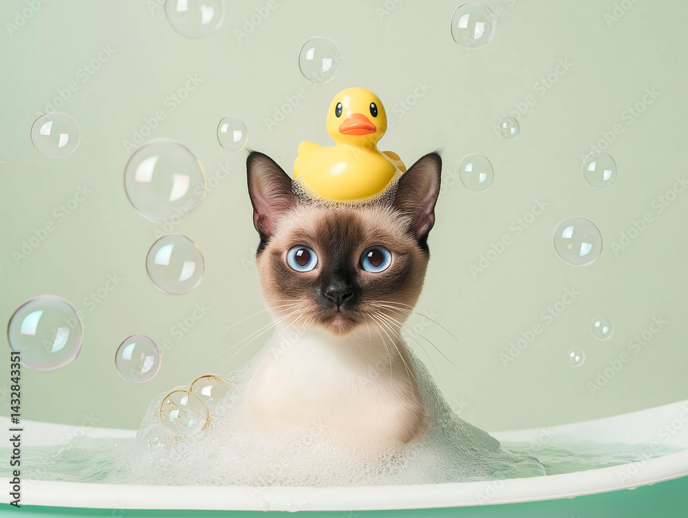 A charming image of a Siamese cat enjoying a bubble bath with a yellow rubber duck on its head, set against a soft green background with floating bubbles.