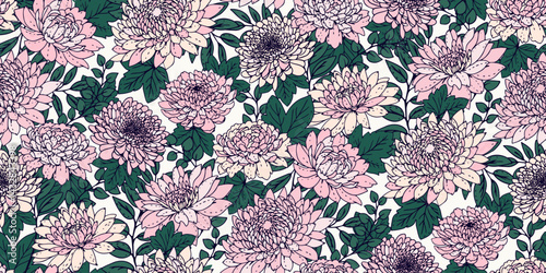 Blooming seamless florals pattern.Abstract artistic flowers peonies dahlias and leaves print. Vector drawn illustration. Nature ornament for designs, fabric, textiles, fashion