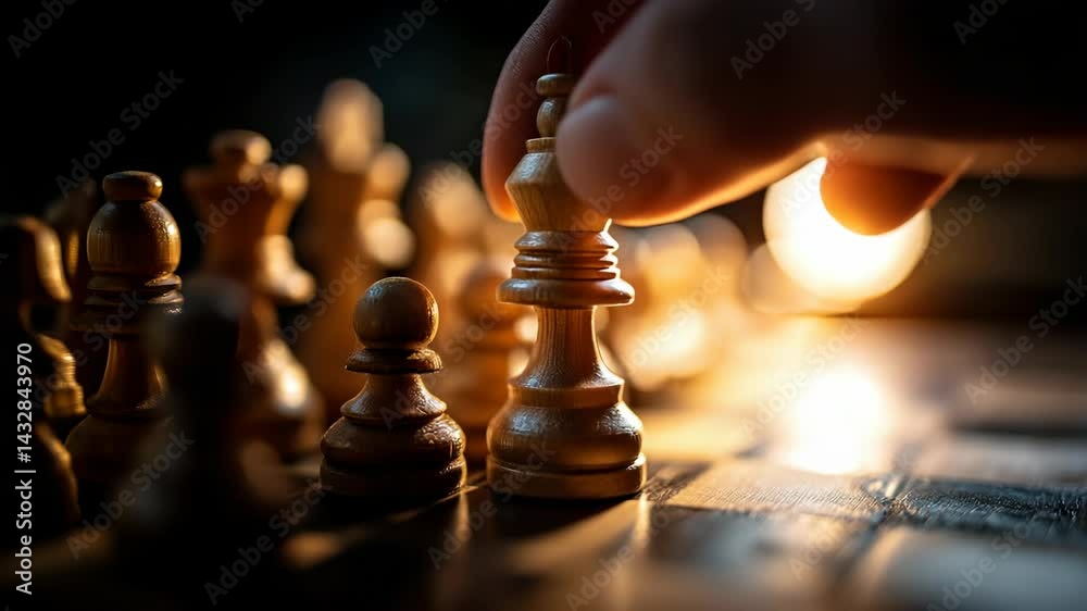 Hand moving chess piece on a board during a strategy game on a dark background with dramatic lighting